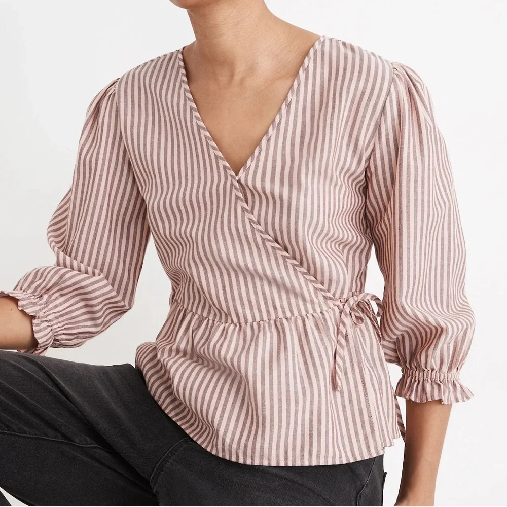 NWOT Madewell Top Puff-Sleeve Peplum Wrap Top Women’s XS Stripes Pink Cotton